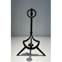Pair of Modernist Wrought Iron Andirons with Ring Finials and Splayed Tripod Bases. France. Circa 1940.