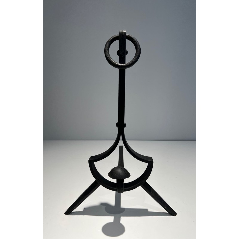 Pair of Modernist Wrought Iron Andirons with Ring Finials and Splayed Tripod Bases. France. Circa 1940.