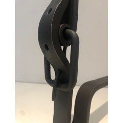 Pair of Wrought Iron Andirons of "Ceinture" Belt Model. France. Circa 1950.