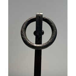 Pair of Modernist Wrought Iron Andirons with Ring Finials and Splayed Tripod Bases. France. Circa 1940.