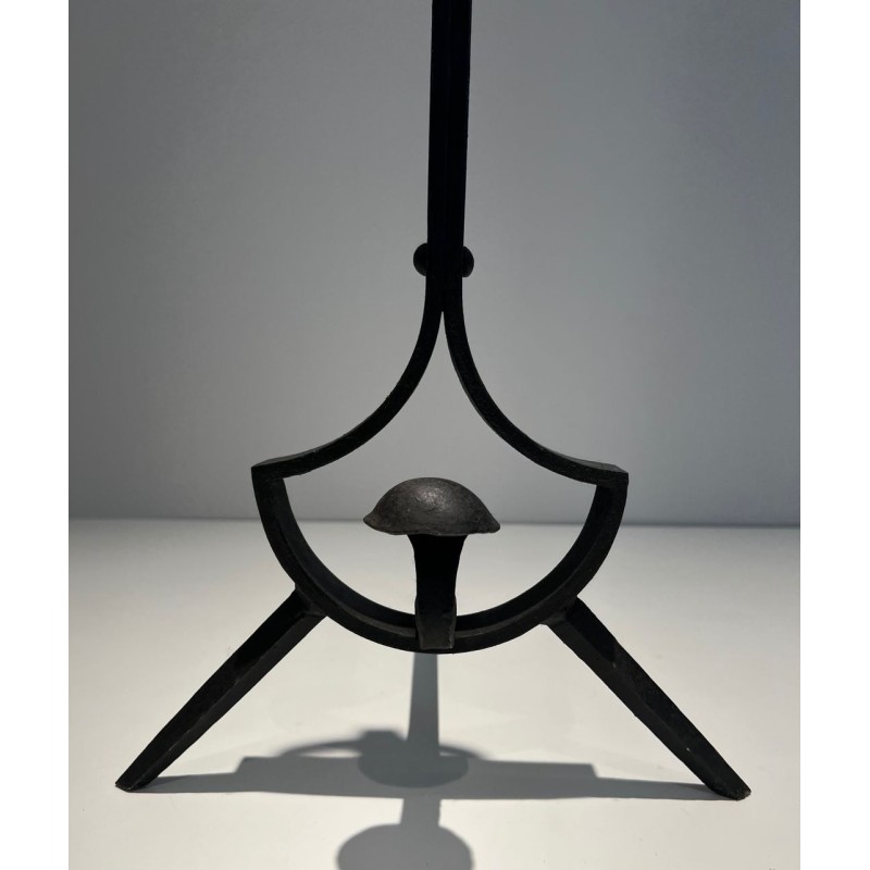 Pair of Modernist Wrought Iron Andirons with Ring Finials and Splayed Tripod Bases. France. Circa 1940.