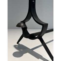 Pair of Modernist Wrought Iron Andirons with Ring Finials and Splayed Tripod Bases. France. Circa 1940.