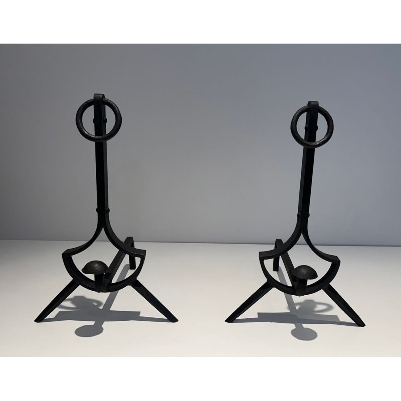 Pair of Modernist Wrought Iron Andirons with Ring Finials and Splayed Tripod Bases. France. Circa 1940.