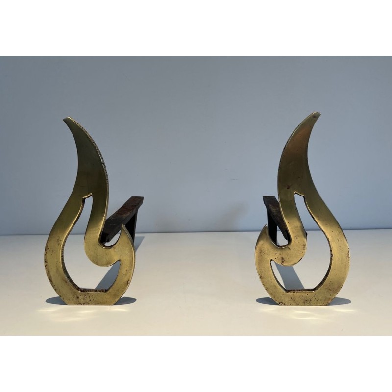 Pair of Brass Andirons with Sculptural Flame Uprights. France. Circa 1920.