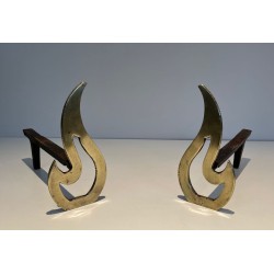 Pair of Brass Andirons with Sculptural Flame Uprights. France. Circa 1920.