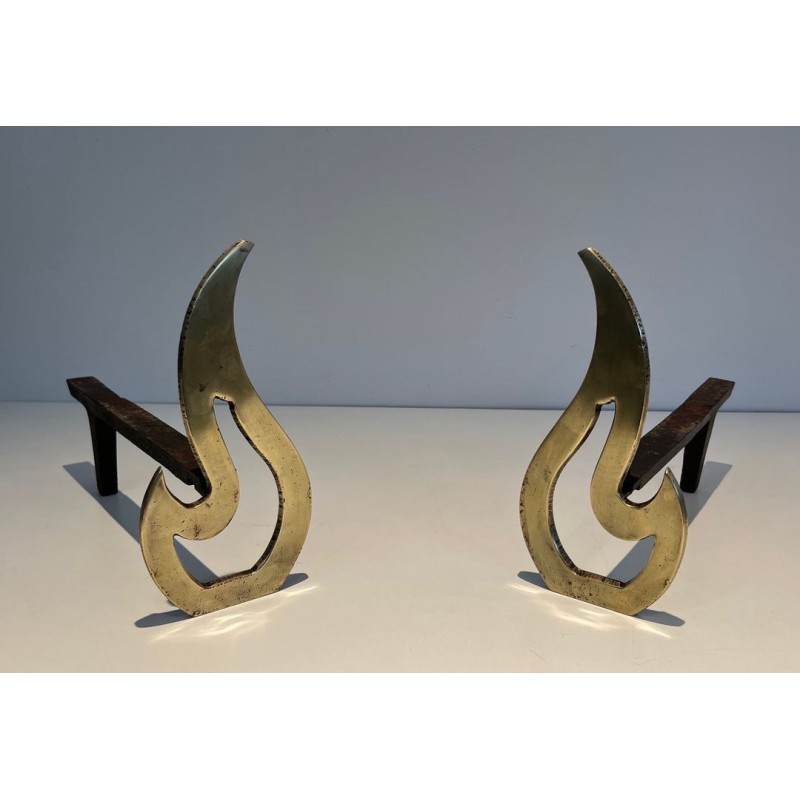 Pair of Brass Andirons with Sculptural Flame Uprights. France. Circa 1920.