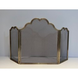 Three-Panel Neoclassical Brass and Wire Mesh Folding Fireplace Screen with Scalloped Crest Rail. France. Circa 1970.