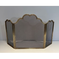 Three-Panel Neoclassical Brass and Wire Mesh Folding Fireplace Screen with Scalloped Crest Rail. France. Circa 1970.