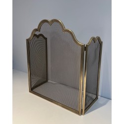 Three-Panel Neoclassical Brass and Wire Mesh Folding Fireplace Screen with Scalloped Crest Rail. France. Circa 1970.