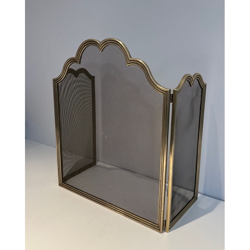 Three-Panel Neoclassical Brass and Wire Mesh Folding Fireplace Screen with Scalloped Crest Rail. France. Circa 1970.