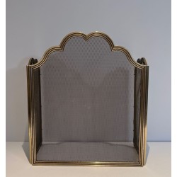Three-Panel Neoclassical Brass and Wire Mesh Folding Fireplace Screen with Scalloped Crest Rail. France. Circa 1970.