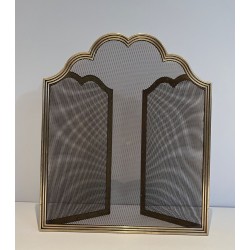 Three-Panel Neoclassical Brass and Wire Mesh Folding Fireplace Screen with Scalloped Crest Rail. France. Circa 1970.