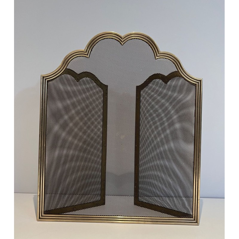 Three-Panel Neoclassical Brass and Wire Mesh Folding Fireplace Screen with Scalloped Crest Rail. France. Circa 1970.