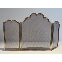 Three-Panel Neoclassical Brass and Wire Mesh Folding Fireplace Screen with Scalloped Crest Rail. France. Circa 1970.
