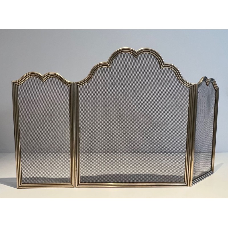 Three-Panel Neoclassical Brass and Wire Mesh Folding Fireplace Screen with Scalloped Crest Rail. France. Circa 1970.