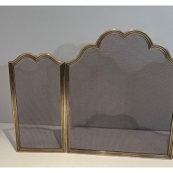 Three-Panel Neoclassical Brass and Wire Mesh Folding Fireplace Screen with Scalloped Crest Rail. France. Circa 1970.