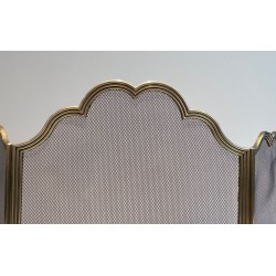 Three-Panel Neoclassical Brass and Wire Mesh Folding Fireplace Screen with Scalloped Crest Rail. France. Circa 1970.