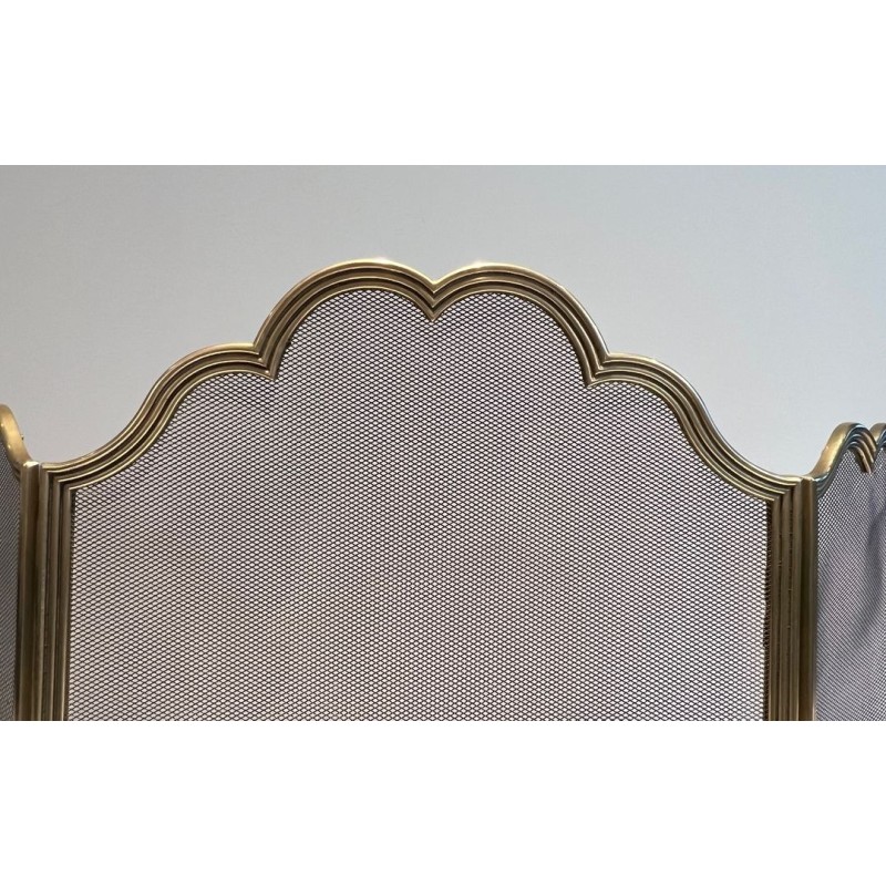 Three-Panel Neoclassical Brass and Wire Mesh Folding Fireplace Screen with Scalloped Crest Rail. France. Circa 1970.