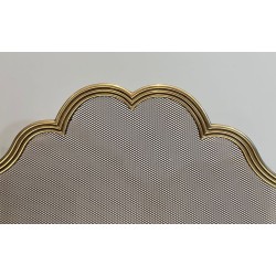 Three-Panel Neoclassical Brass and Wire Mesh Folding Fireplace Screen with Scalloped Crest Rail. France. Circa 1970.
