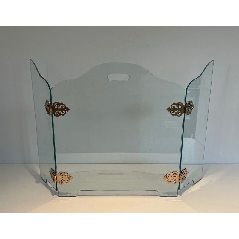 Pare-Feu Pliant Moderniste en Verre avec Médaillons de Charnières en Bronze Ornées. France. Vers 1970.