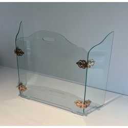 Pare-Feu Pliant Moderniste en Verre avec Médaillons de Charnières en Bronze Ornées. France. Vers 1970.