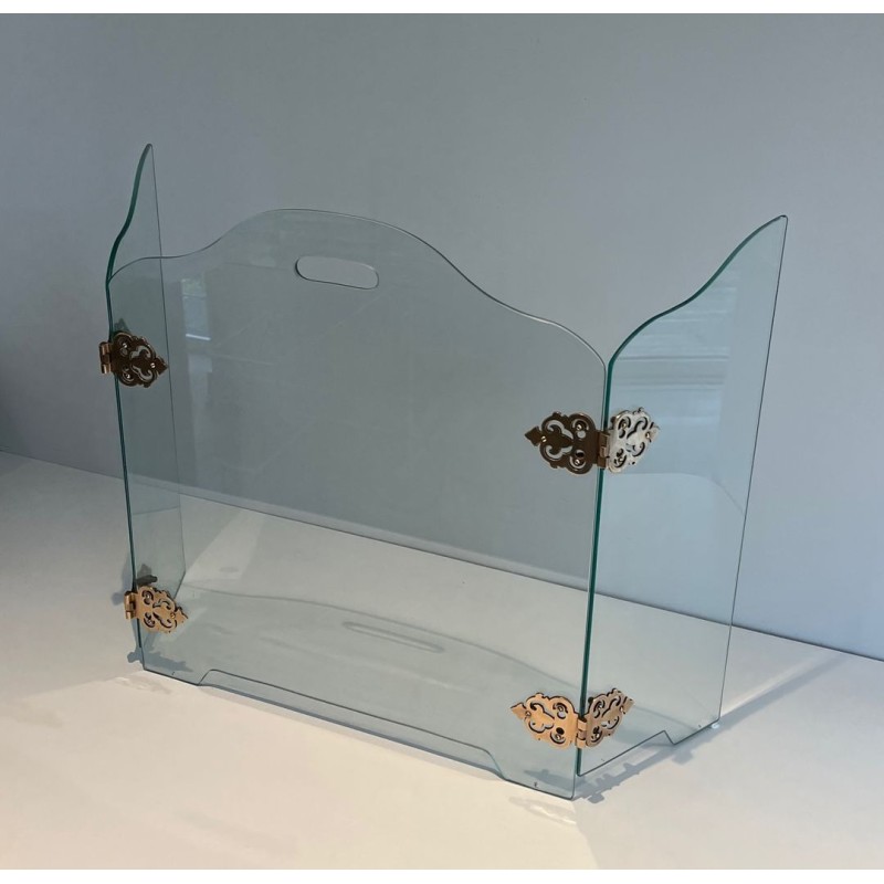 Pare-Feu Pliant Moderniste en Verre avec Médaillons de Charnières en Bronze Ornées. France. Vers 1970.