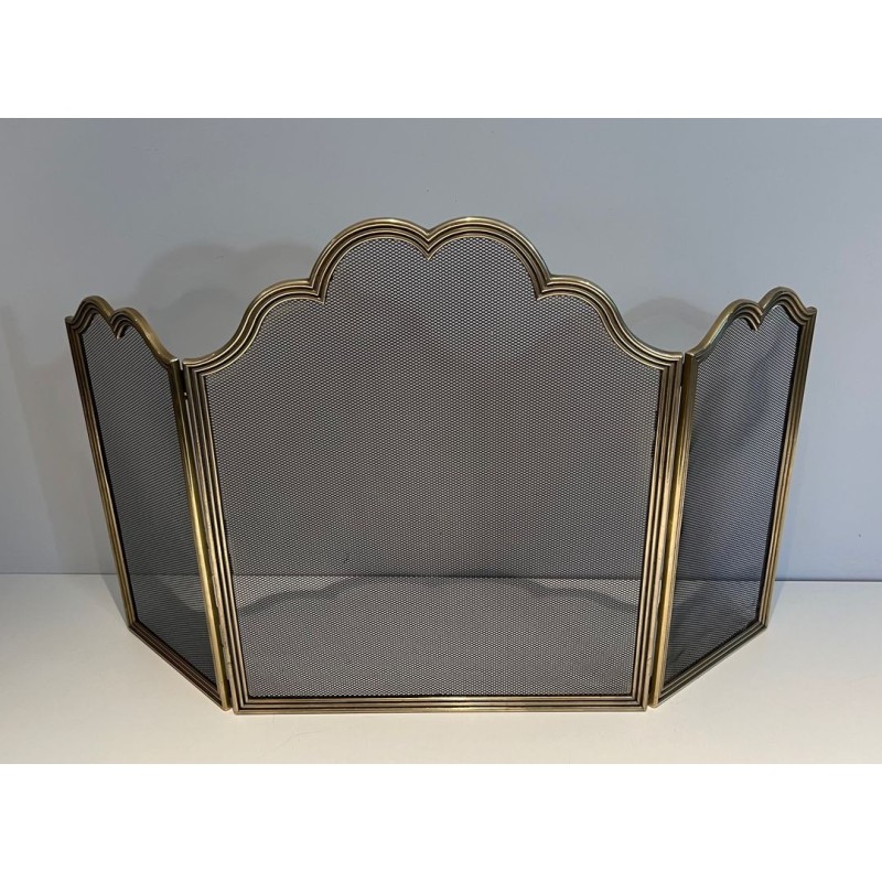 Three-Panel Neoclassical Brass and Wire Mesh Folding Fireplace Screen with Scalloped Crest Rail. France. Circa 1970.