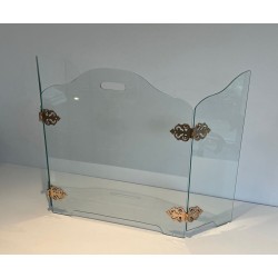 Pare-Feu Pliant Moderniste en Verre avec Médaillons de Charnières en Bronze Ornées. France. Vers 1970.
