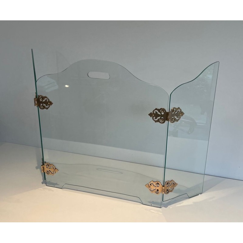Pare-Feu Pliant Moderniste en Verre avec Médaillons de Charnières en Bronze Ornées. France. Vers 1970.