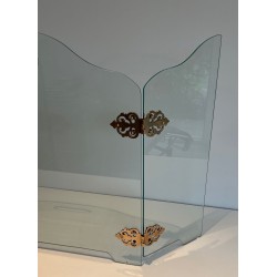 Pare-Feu Pliant Moderniste en Verre avec Médaillons de Charnières en Bronze Ornées. France. Vers 1970.