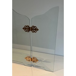 Pare-Feu Pliant Moderniste en Verre avec Médaillons de Charnières en Bronze Ornées. France. Vers 1970.