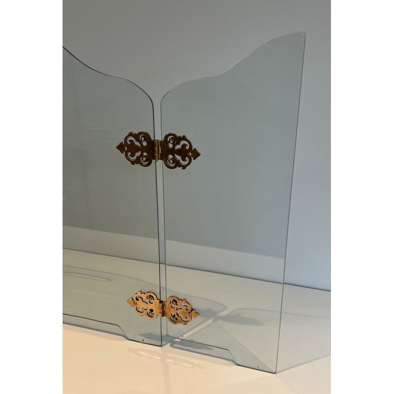 Pare-Feu Pliant Moderniste en Verre avec Médaillons de Charnières en Bronze Ornées. France. Vers 1970.