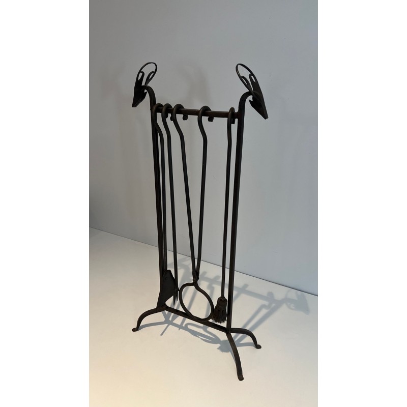 Modernist Wrought Iron Fireplace Companion Set with Stylized Deer Head Finials. France. Circa 1940.
