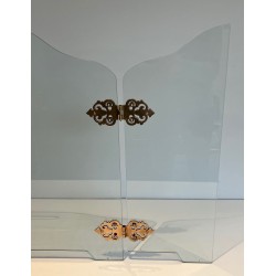 Pare-Feu Pliant Moderniste en Verre avec Médaillons de Charnières en Bronze Ornées. France. Vers 1970.