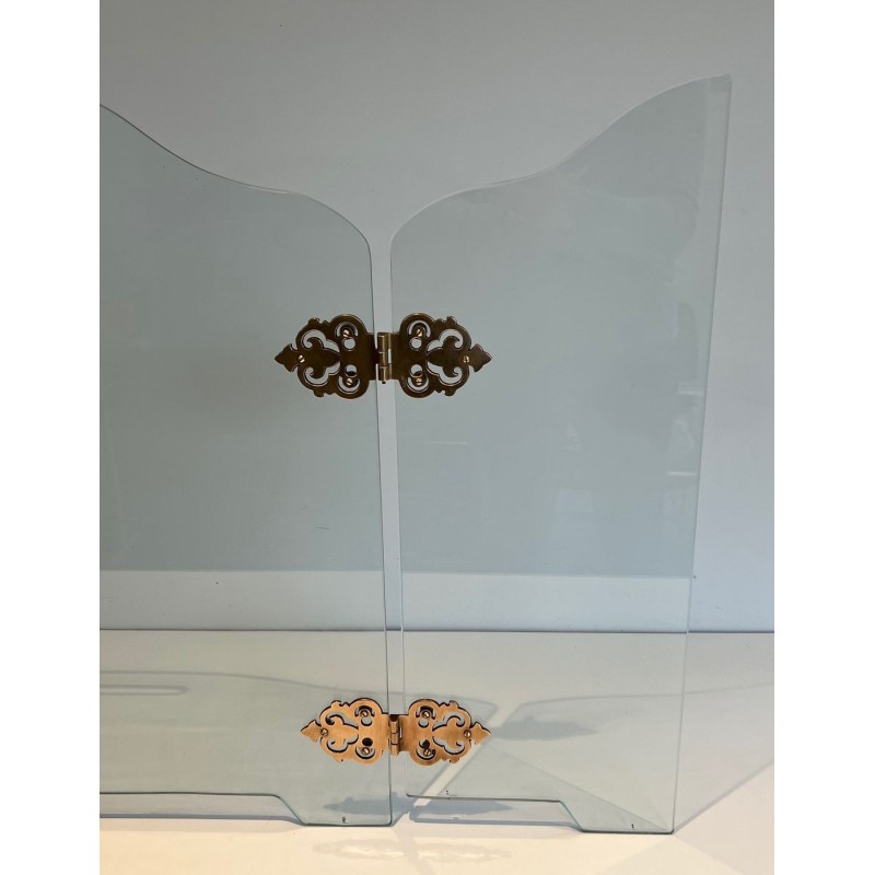 Pare-Feu Pliant Moderniste en Verre avec Médaillons de Charnières en Bronze Ornées. France. Vers 1970.