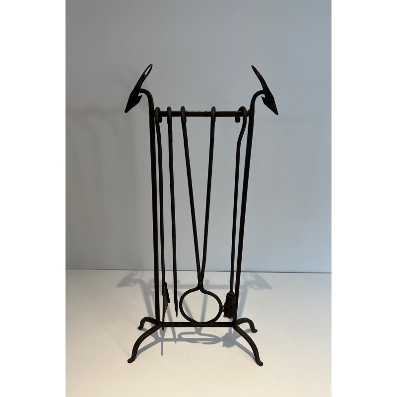 Modernist Wrought Iron Fireplace Companion Set with Stylized Deer Head Finials. France. Circa 1940.