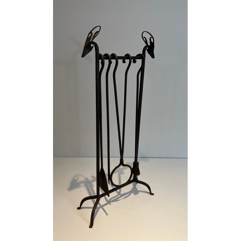 Modernist Wrought Iron Fireplace Companion Set with Stylized Deer Head Finials. France. Circa 1940.