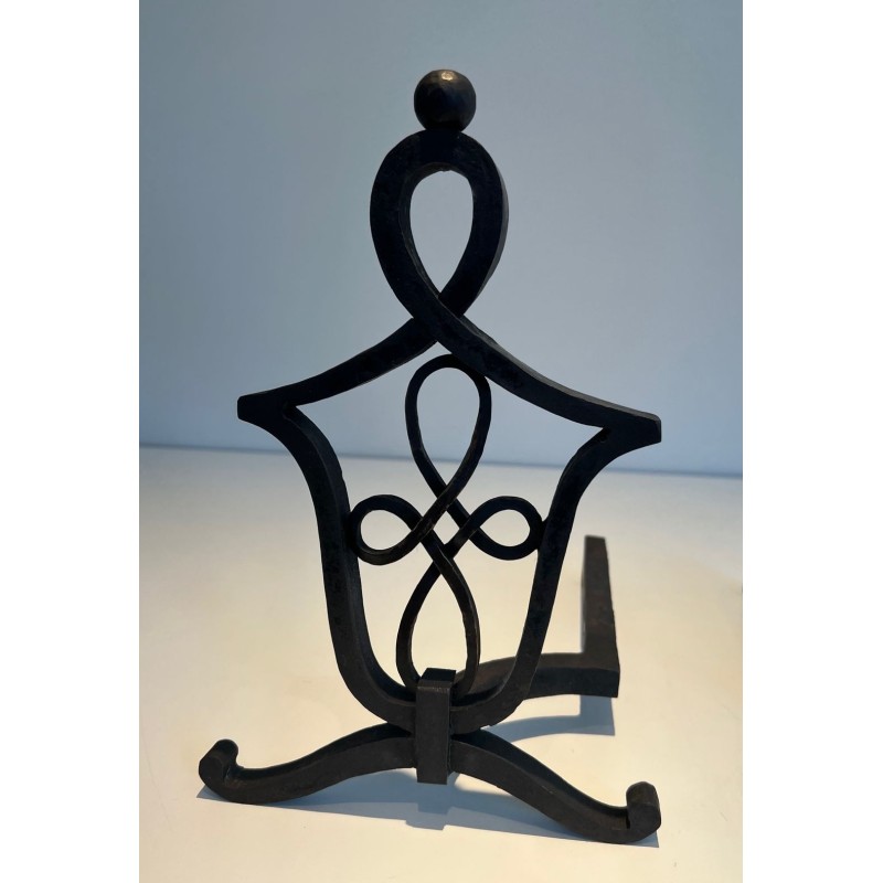 Pair of Wrought Iron Andirons with Interlaced Latticework Uprights in the Manner of Raymond Subes. France. Circa 1940.