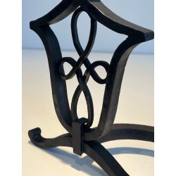 Pair of Wrought Iron Andirons with Interlaced Latticework Uprights in the Manner of Raymond Subes. France. Circa 1940.