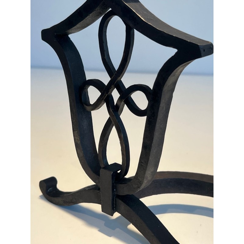 Pair of Wrought Iron Andirons with Interlaced Latticework Uprights in the Manner of Raymond Subes. France. Circa 1940.