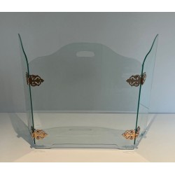 Pare-Feu Pliant Moderniste en Verre avec Médaillons de Charnières en Bronze Ornées. France. Vers 1970.