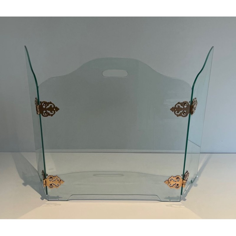 Pare-Feu Pliant Moderniste en Verre avec Médaillons de Charnières en Bronze Ornées. France. Vers 1970.