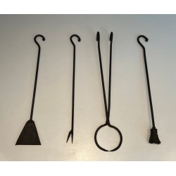 Modernist Wrought Iron Fireplace Companion Set with Stylized Deer Head Finials. France. Circa 1940.