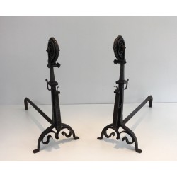 Monumental Pair of Wrought Iron Andirons with Snail-Shell Spiral Finials and Spit-Rest Arms. France. Circa 1900.