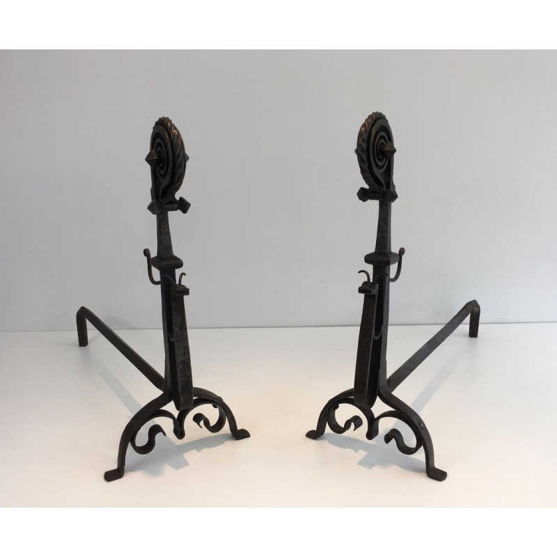 Monumental Pair of Wrought Iron Andirons with Snail-Shell Spiral Finials and Spit-Rest Arms. France. Circa 1900.