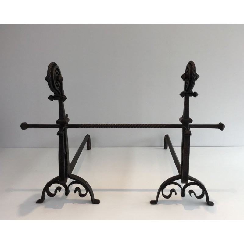 Monumental Pair of Wrought Iron Andirons with Snail-Shell Spiral Finials and Spit-Rest Arms. France. Circa 1900.