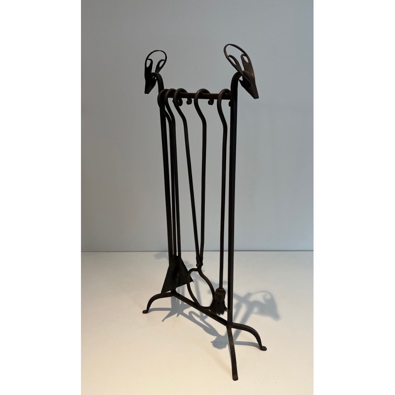 Modernist Wrought Iron Fireplace Companion Set with Stylized Deer Head Finials. France. Circa 1940.