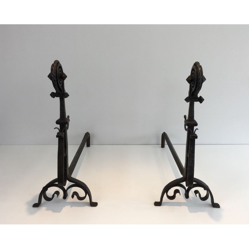 Monumental Pair of Wrought Iron Andirons with Snail-Shell Spiral Finials and Spit-Rest Arms. France. Circa 1900.