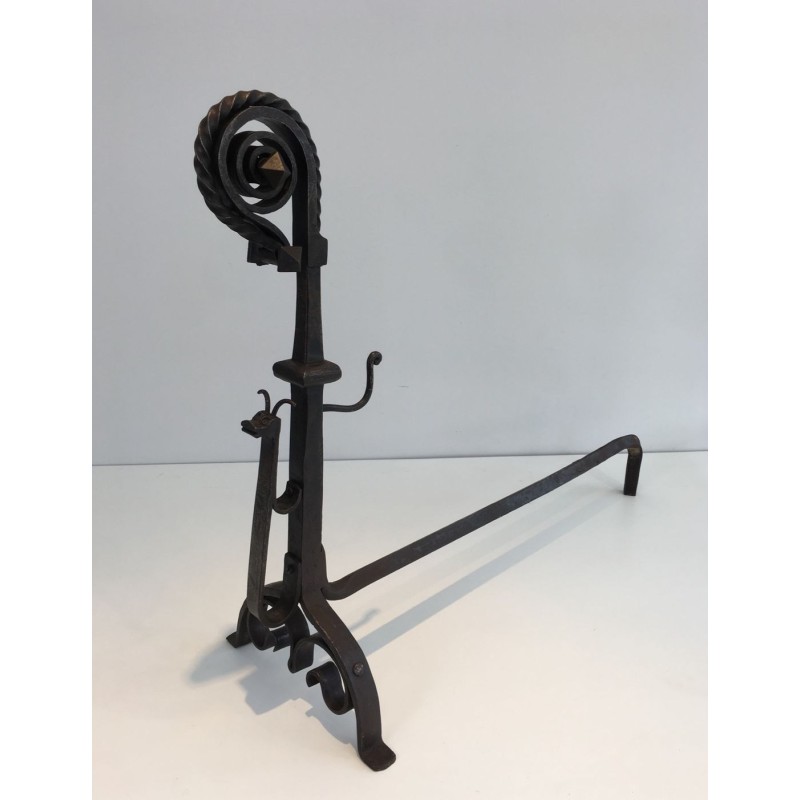 Monumental Pair of Wrought Iron Andirons with Snail-Shell Spiral Finials and Spit-Rest Arms. France. Circa 1900.