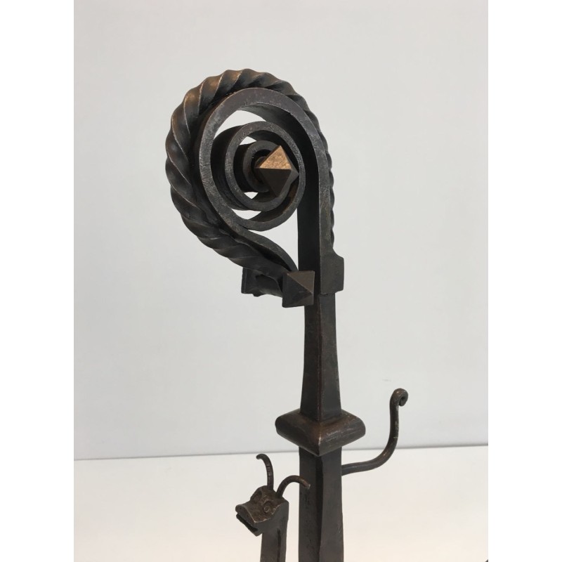 Monumental Pair of Wrought Iron Andirons with Snail-Shell Spiral Finials and Spit-Rest Arms. France. Circa 1900.